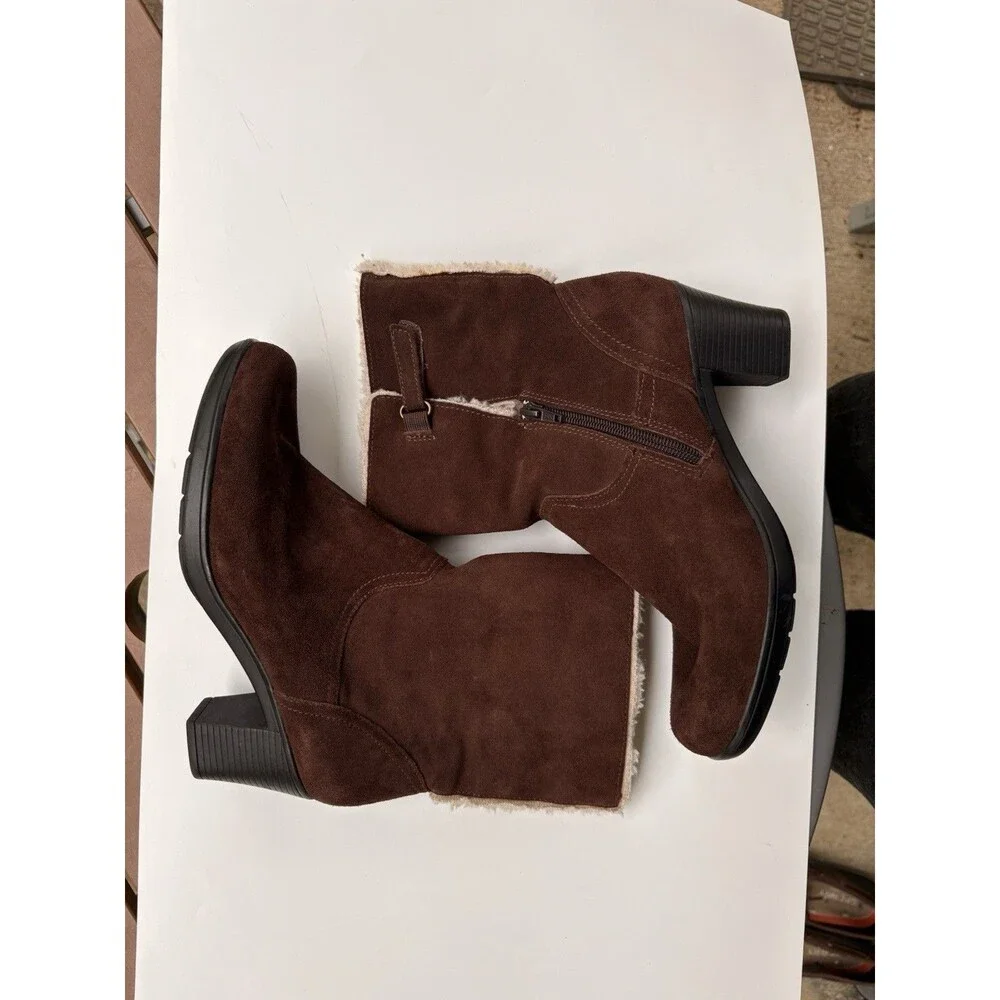 Clarks Bendables Womens Brown Suede Faux Fur Block Heel Ankle Boots Size 8.5 M